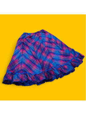 VTG 80s Plaid Midi Skirt Ruffle Hem Blue Pink Prairie Cottagecore USA 27 Waist